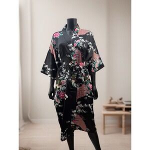 Black Satin Floral Peacock Kimono‎ Robe Belted One Size Singapore